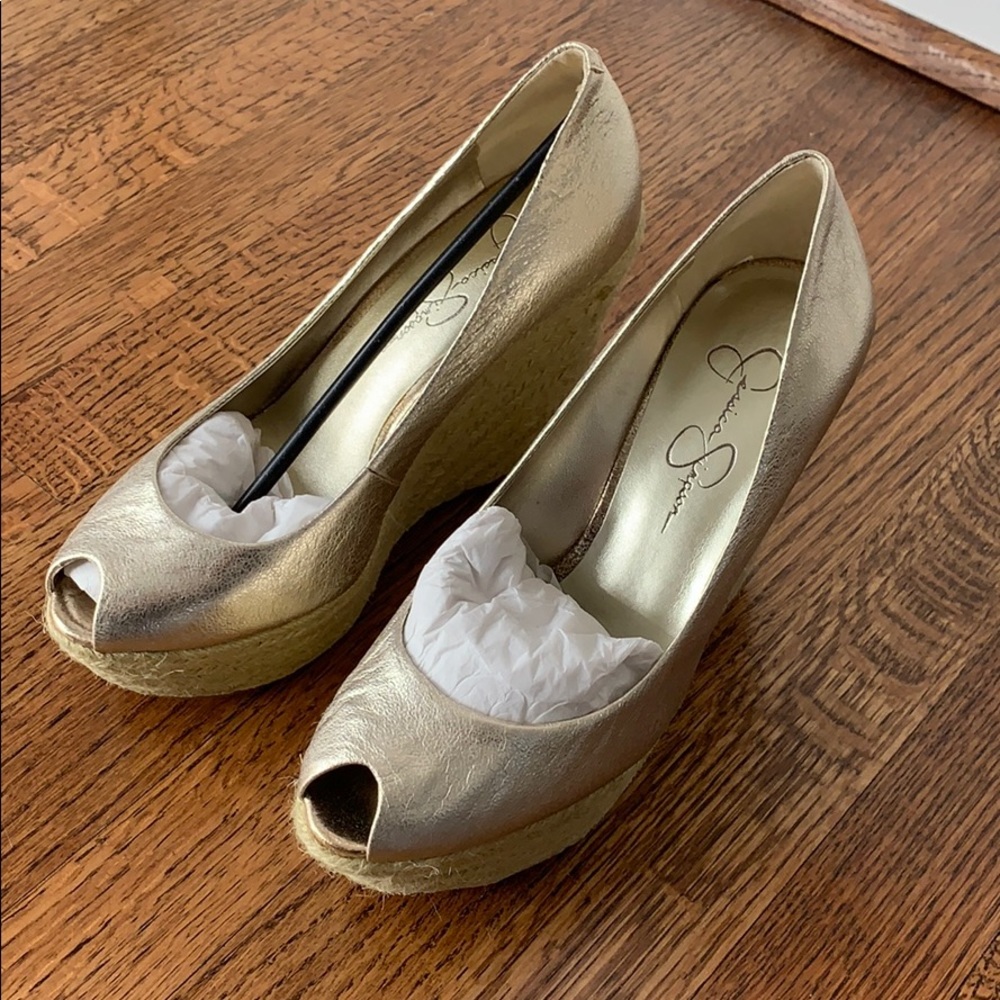 Jessica Simpson Golden Peep-Toe Wedges